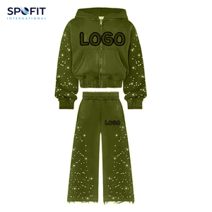 Meilleures ventes Ensemble de pantalons de survêtement à capuche pour hommes avec broderie en détresse avec strass personnalisés et survêtements évasés - Product Image 6