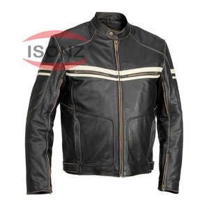 Veste en cuir noir vintage pour moto en cuir de vachette avec bandes blanches, protection CE et version simple - Product Image 1
