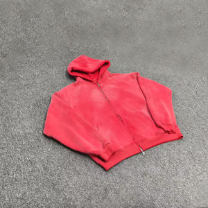 Custom Black Vintage Wash <b>Fleece</b> Hoodie <b>Jacket</b> Unisex Winter Solid 100% Cotton Boxy Style Anti-Pilling Drop Shoulder Acid Washed - Product Image 6