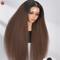 Perruque Lace Front Ombrée Brune Yaki Lisse, 100% Cheveux Humains Vierges, Pré-Pluckée, Dentelle HD, Densité 200, Longue, pour Femmes Noires