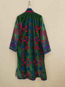 Green <b>Velvet</b> Suzani Embroidered Jacket Handmade Tribal Floral Long <b>Coat</b> Boho Ethnic Statement Jacket <b>for</b> <b>Women</b> - Product Image 6