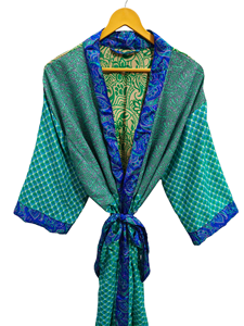 Túnica India Floral Seda Sari Kimono Vintage Sari Robe Suave Playa Fiesta Vestido Indio Hecho A Mano Seda Kimono - Product Image 2