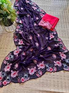 Sari Georgette tradicional de alta calidad, estilo paquistaní sedoso con bordado de encaje para fiestas de boda, número de modelo elegante - Product Image 2