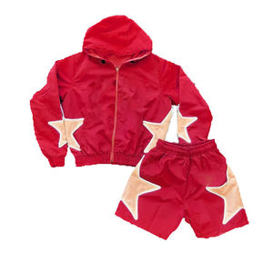 Ensemble deux pièces personnalisé pour hommes-Sweat à capuche coupe-vent à motif uni et survêtement court Combinaison de jogging pleine longueur en nylon et polyester - Product Image 5