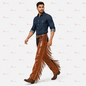 Chaps en cuir véritable de style western pour l'équitation, la moto, le travail à la ferme et la protection en extérieur – Chaps ajustables et personnalisables pour hommes - Product Image 2