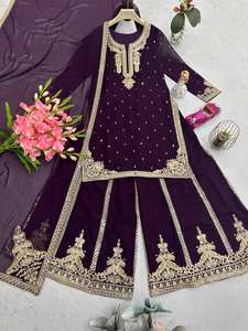 Sharara Ghararaインド刺繍作品冬Salwar Kameez Midiパーティーデザイナー伝統的な民族3ピースセットReadymade - Product Image 6