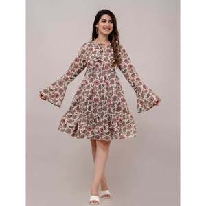 Tuniche a V in Cotone Beige Stampato con Balze per Donna, Eleganti e Casual per il Giorno o il Club, Design Personalizzato <span class=keywords><strong>Taglie</strong></span> <span class=keywords><strong>Forti</strong></span> con Caratteristica Traspirante - Product Image 2