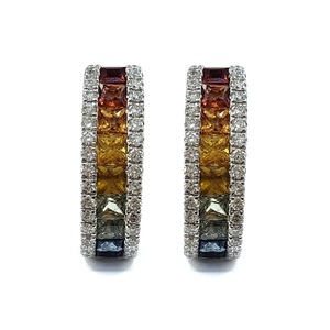Bijoux sur mesure, tendance, coupe princesse, or blanc massif 18 carats de haute qualité, diamant véritable, saphir multicolore, boucles d'oreilles créoles, cadeau - Product Image 1