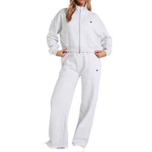 Women <b>Two</b> <b>Piece</b> Cotton Fleece <b>Lounge</b> <b>Set</b> Cropped Zip Top and Relaxed Sweatpants for Wholesale Apparel Buyers - Product Image 1