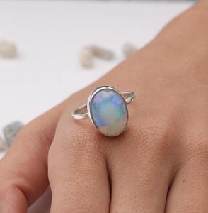 925 bague de promesse de Style Boho en argent sterling massif bijoux de créateur faits à la main avec diamant de taille ovale en opale bleue pour les fêtes - Product Image 4