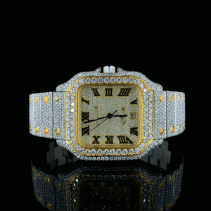 Montre de luxe pour homme, carrée, style antique, avec diamants Moissanite, entièrement sertie, plaqué or blanc et jaune, style Hip-Hop, bracelet en acier inoxydable - Product Image 2