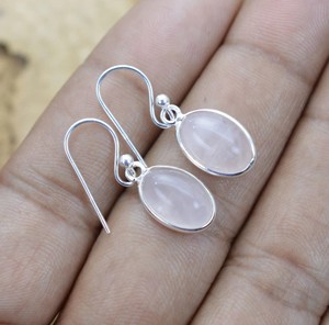 925 Sterling Silver Bohemian Style <b>Earrings</b> Fashionable Peace Pattern <b>Rose</b> <b>Quartz</b> Gemstone Natural Stone Bezel Anniversary - Product Image 1