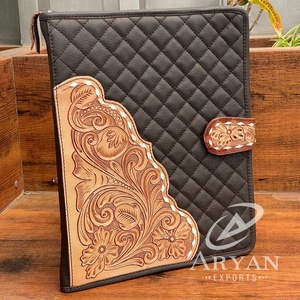 A4 Multifunctional Zipper Hand Tooled Quilted Leather Document <b>File</b> Holder Ring Binders Custom Office Spiral Portfolio <b>Organizer</b> - Product Image 1