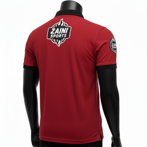 Camiseta polo para hombre, algodón poliéster piqué, 220 GSM, transpirable, rojo, negro, cuello, mangas, panel con rayas, logotipo con parche bordado personalizado - Product Image 4