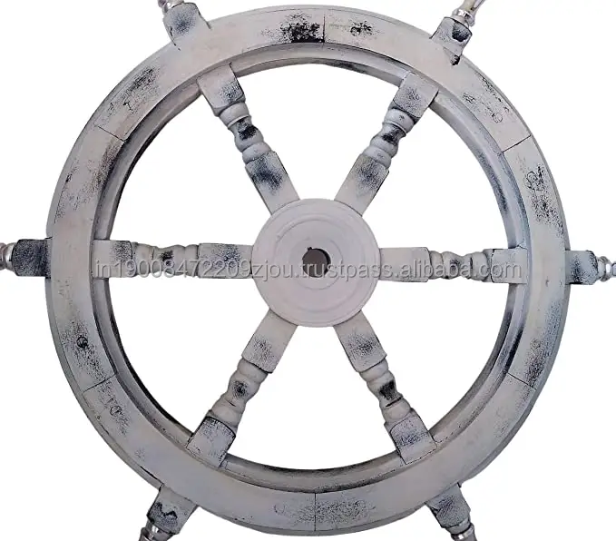 Roda Kayu Kapal Bahari Buatan Tangan 24 "Roda Kapal Kayu Putih dengan Pegangan Aluminium Dekorasi Dinding Rumah