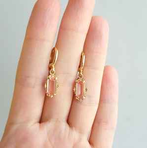 Rose Quartz Charm <b>Huggie</b> <b>Hoop</b> 925 <b>Silver</b> Gold Plated Earrings Vintage Style Earrings Gift for Her Quartz Earrings - Product Image 3