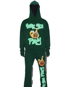 Survêtements hommes lavé goutte épaule surdimensionné poche moins de détresse bas à capuche et bas évasé pantalons longs empilés hommes ensembles - Product Image 1