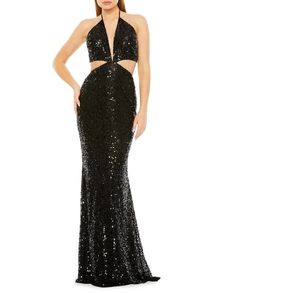 Robe de soirée en mousseline de soie noire à la mode pour les cocktails Halter Collar and Cut-Out Detailing - Product Image 2