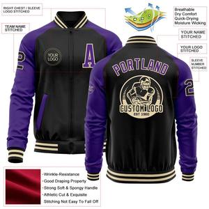Custom <b>Black</b> Purple Bomber Varsity Letterman Two Tone Zipper Jacket <b>Windbreaker</b> Streetwear Vintage Men's Varsity Jacket - Product Image 2