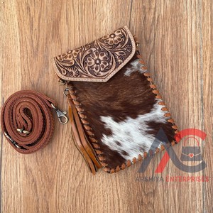 Western Hand <b>Tooled</b> <b>Leather</b> Tassel Crossbody Phone Holder Hair on Cowhide Floral Cell Phone Mobile Purse for Women's - Product Image 1