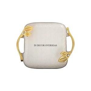 Bandeja de servicio de metal de primera calidad con aspecto de textura única pulida brillante con acabado de color plateado con asas de diseño de hojas - Product Image 5