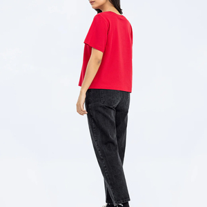 Camiseta de corte cuadrado de gran tamaño para mujer, ropa corta de verano transpirable con patrón a cuadros único, MOQ bajo, logotipo frontal incluido - Product Image 3