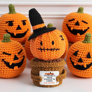 Poupée citrouille d'Halloween au crochet, ornement de plante en pot avec carte positive originale, décoration intérieure unique, artisanat transfrontalier, nouveau design - Product Image 3