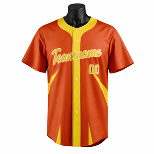 เสื้อเบสบอลสีส้มเหลืองแบบกำหนดเอง ปักชื่อทีมและหมายเลข พร้อมกระดุมเต็มตัว ชุดเบสบอลแบบซับลิเมชั่น - Product Image 1