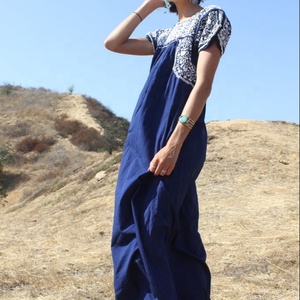 SRJ EXPORTS Navy <b>White</b> Hand Embroidered Oaxacan <b>Maxi</b> Dress 100% Cotton Dense Detailed Flowers Crochet Trim A-Line Vintage Summer - Product Image 1