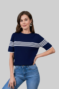 Pull en tricot rayé bleu marine à col rond et manches courtes pour femme, en coton respirant, style nautique, à porter toute l'année - Product Image 5