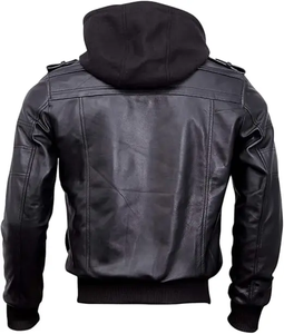 Chaquetas de cuero de bombardero con capucha negra auténtica para hombre de alta calidad Cuello alto elegante y diseños personalizados con capucha extraíble - Product Image 2