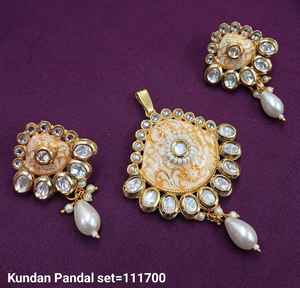 Indian Traditional & Fashionable <b>Gold</b> Plated Flower Stylish Drop & Kundan Copper Pendant Necklace Set for Women Without Chain - Product Image 6