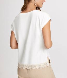 OEM/ODM T-shirt décontracté vintage pour femmes, col rond, mancherons, épaules tombantes, ourlet au crochet, tissu en mélange de coton - Product Image 3