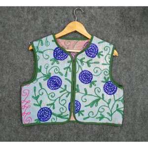 Chaqueta chaleco Kantha bordado hecho a mano algodón cuello en V mujer chaleco invierno corto con estilo chaqueta - Product Image 6