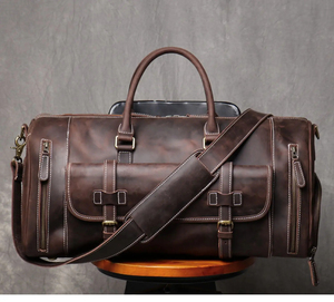 Sac de voyage pliable en cuir véritable, sac de week-end, fermeture à glissière, sangle réglable, design durable, style vintage, grand format - Product Image 1