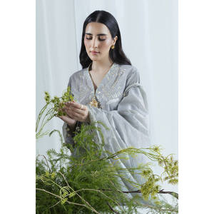 Traje FE-52045 de 3 piezas, bordado a mano, con jacquard y Chikan Kari, Salwar Kameez Anarkali de algodón, hecho con tela de lino. - Product Image 6