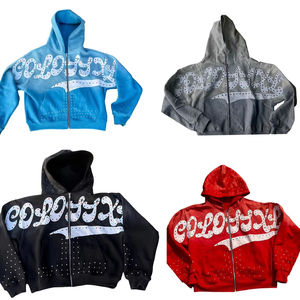 Sweat à capuche zippé 100% coton personnalisé en éponge française avec strass Crystal Sun Faded Zipper Hoodies pour hommes femmes - Product Image 1