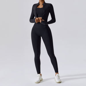 Breathable Yoga Leggings Sports <b>Bra</b> Workout Romper Zip-Up Sleeve Sports Jacket Onesie Set for Women - Product Image 1
