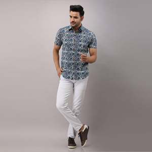 Men's Casual Blue Floral Cotton <b>Shirt</b> Regular Fit Mandarin Collar Breathable Poplin Fabric Size XL for Autumn Winter Season - Product Image 1