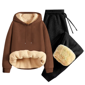 Brown <b>Fleece</b> <b>Lined</b> Hoodie Tracksuit With Warm <b>Jogger</b> Pants For Men <b>Women</b> Winter Heavyweight Casual Sportswear Wholesale OEM - Product Image 1