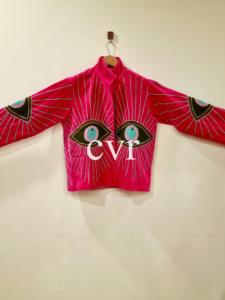 Chaqueta Rosa con Cuello Mandarín Bordado, Manga Larga, Estilo Bohemio, Patrón Geométrico de Ojos, Talla Grande, Ropa Exterior para Mujer, Otoño - Product Image 3