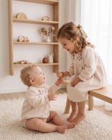 Combinaison pour bébé de style coréen Jiefute ODM, printemps-automne, combinaison pour nourrissons, robe brodée à manches longues pour filles, tenue assortie pour frères et sœurs