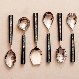 High Quality <b>Gold</b> Plated Spoons Salad Server Set Wooden Handle Serving Spoons Slotted Spoon Salad Server Set - Product Image 2