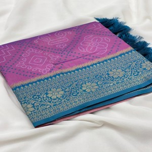 Sari en soie Patola Bandhani de qualité supérieure VASTRA COTTAGE avec des tissages Meenakari, contraste de brocart tissé avec des fils Zari, contraste de blouse - Product Image 5