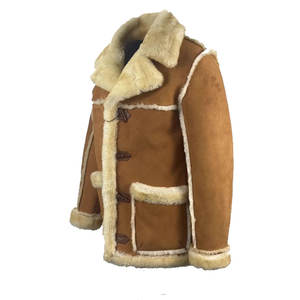 Manteau épais d'hiver pour hommes Veste une pièce à col en fourrure en cuir véritable avec col en fausse fourrure tissée - Product Image 3