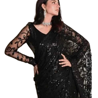 Saree pengantin baru dengan bordir berat, bahan jala sheer, sutra lembut Banarasi, poliester, hiasan renda, resleting, dapat dikustomisasi, gaya India.