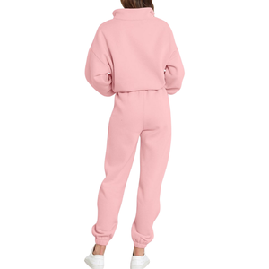 Survêtement demi-zip rose à motif solide pour femmes, léger, surdimensionné, à épaules tombantes, coupe ample personnalisée pour l'hiver - Product Image 2