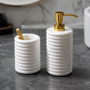 Wholesale White Ribbed Marble <b>Soap</b> <b>Dispenser</b> <b>and</b> <b>Toothbrush</b> <b>Holder</b> Set Gold Pump for Hotel Bathroom - Product Image 2