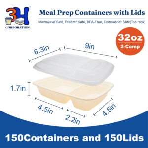 Contenitori per la preparazione dei pasti 3H da 32 once a 2 scomparti [Confezione da 150, 300 pezzi] Contenitori per alimenti da asporto con coperchi, adatti a microonde/lavastoviglie/congelatore - Product Image 2