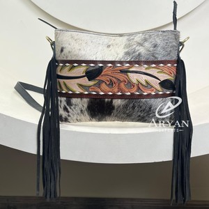 Women's <b>Large</b> Crossbody Handbag With Boho Hair High Quality Popular Hand Tooled Cowhide Leather Fringe Shoulder Bag for Women's - Product Image 1